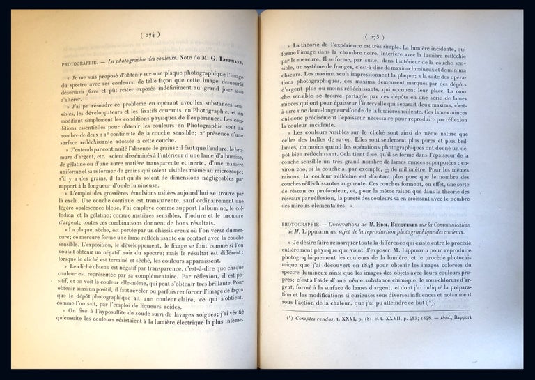 Item #1036 La photographie des couleurs in Comptes Rendus Hebdomadaires des Séances de l'Académie des Sciences, Vol. 112 No. 5, February 2, 1891, pp. 274-275. Gabriel Lippmann.