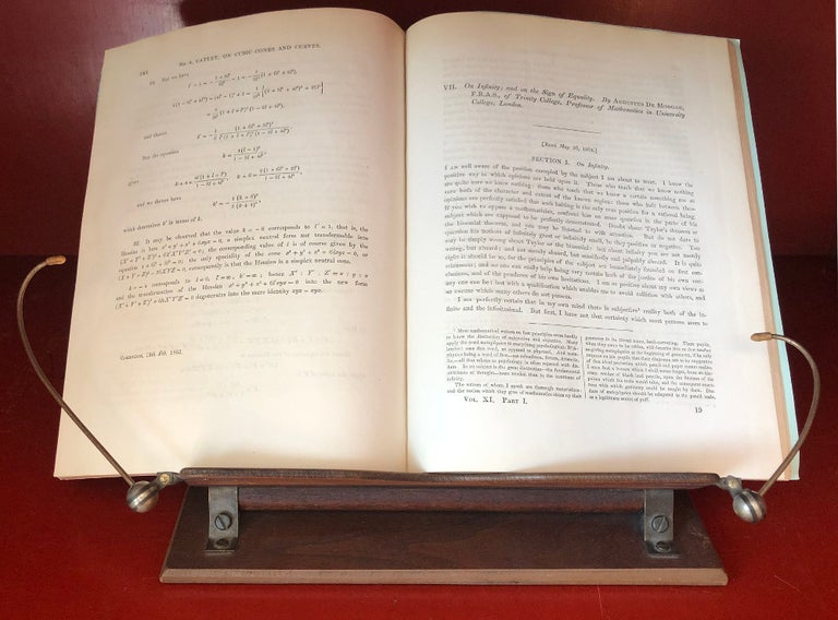 Item #1056 On Infinity; and on the Sign of Equality (pp. 145-189) and A Theorem Relating to Neutral Series (pp. 190-202) and On the Early History of the Signs +_ and – in Transactions of the Cambridge Philosophical Society, Volume XI, Part I, 1866. Augustus De Morgan.