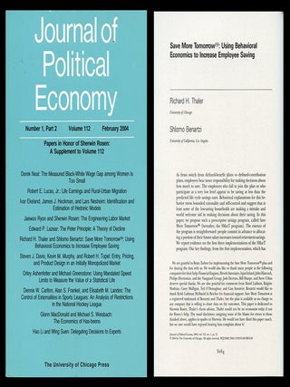 Item #1069 Save More Tomorrow: Using Behavioral Economics to Increase Employee Saving in Journal...
