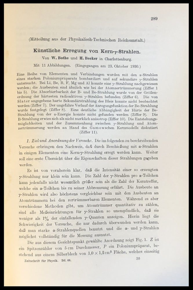 Item #1079 Künstliche Erregung von Kern- -Strahlen (A nuclear -radiation in the light elements] in Zeitschrift für Physik 66 pp. 289–306. Walther Bothe, Herbert Becker.