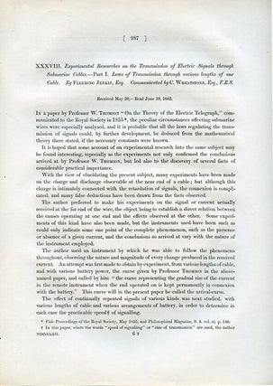 Experimental Researches on the Transmission of Electric Signals through Submarine Cables, Part I. Laws of Transmission through Various Lengths of One Cable (Jenkin, pp. 987-1019) WITH On the Thermal Effects of Fluids in Motion, Part IV (Thomson, pp. 579-591) in Philosophical Transactions of the Royal Society of London, Vol. 152, Part II, 1862