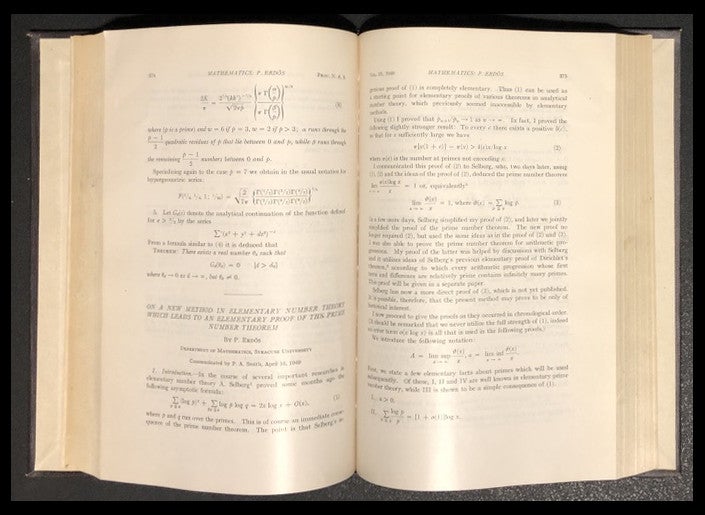 Item #1272 On a New Method in Elementary Number Theory Which Leads to An Elementary Proof of the Prime Number Theorem in Proceedings of the National Academy of Sciences 35 pp. 374-384, 1949 [PRIME NUMBER THEORM]. Paul Erdös.