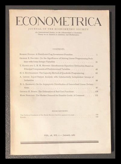 Item #1296 On the Significance of Solving Linear Programming Problems with Some Integer Variables Econometrica 28 No. 1 pp. 30–44, January 1960 [DANTZIG ON INTEGER PROGRAMMING]. George Bernard Dantzig.