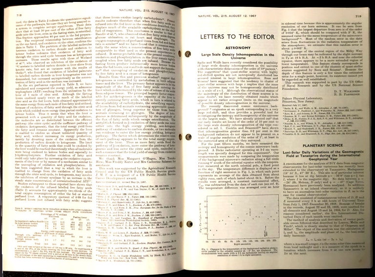 Item #1301 Large Scale Density Inhomogeneities in the Universe in Nature 215 No. 5102 p. 719, August 12, 1967 (Wilkinson) [1st MEASUREMENT OF CMB ANISOTROPY] WITH Oxygen isotope analysis and Pleistocene temperature re-assessed (Shackleton) pp. 15-17 [OXYGEN ISOTOPE RATIOS]. D. T. Wilkinson, R. B. Partridge, Nicholas J. Shackleton.