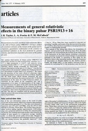 Item #1313 Measurements of general relativistic effects in the binary pulsar PSR1913 + 16, Nature...