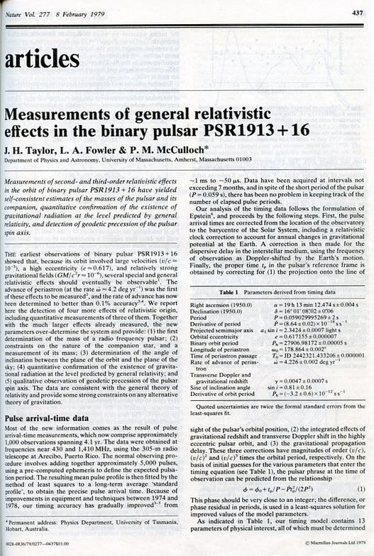 Item #1313 Measurements of general relativistic effects in the binary pulsar PSR1913 + 16, Nature 277, 8 February 1979, pp. 437-440 [FULL VOLUME]. J. H. Taylor, L. A. Fowler, P. M. McCulloch.