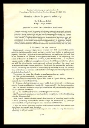 Item #1314 Massive spheres in general relativity, Proceedings of the Royal Society, A, 282, 1964,...