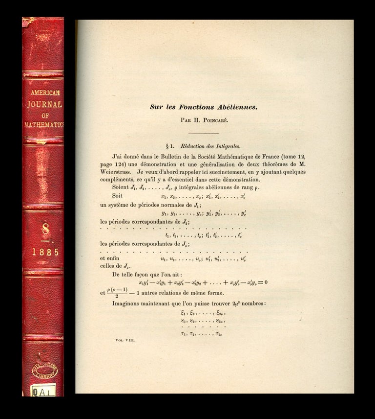 Item #1389 Sur les Fonctions Abeliennes in American Journal of Mathematics, Volume VIII, 1886, pp. 289-342. Baltimore: Johns Hopkins University, 1886. H. Poincare, Jules Henri.