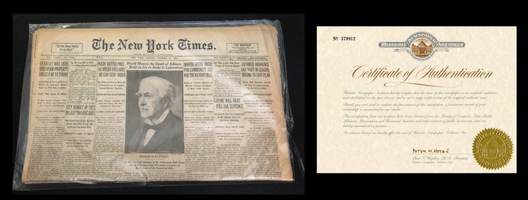 Item #1435 Einstein’s tribute upon the death of Thomas Alva Edison in New York Times, October 19, 1931 [EINSTEIN’S CONTRIBUTION TO LARGE FOUR PAGE SPREAD]. Albert Einstein.