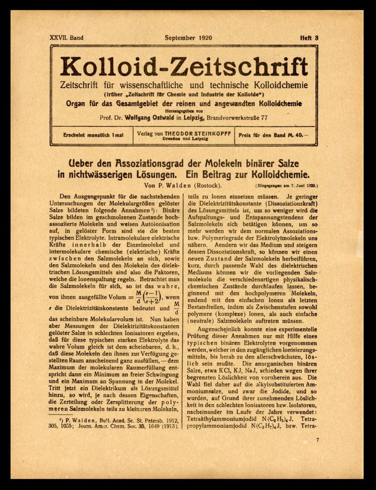 Item #1456 Bemerkung zur Abhandlung von W. R. Hess: Theorie der Viscositat heterogener Systeme. Kolloidzeitschrift 27, 137, 1920. Albert Einstein.