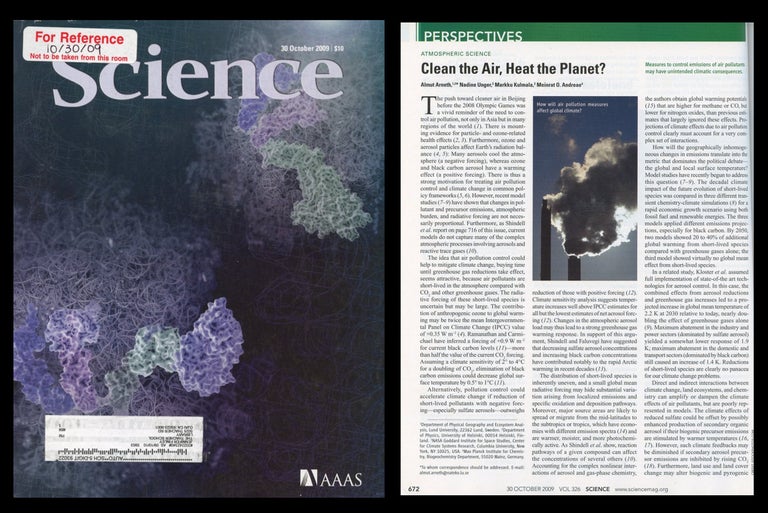 Item #1476 Clean the Air, Heat the Planet? in Science 326 No. 5953 pp. 672-673, October 30, 2009. Almut Arneth.