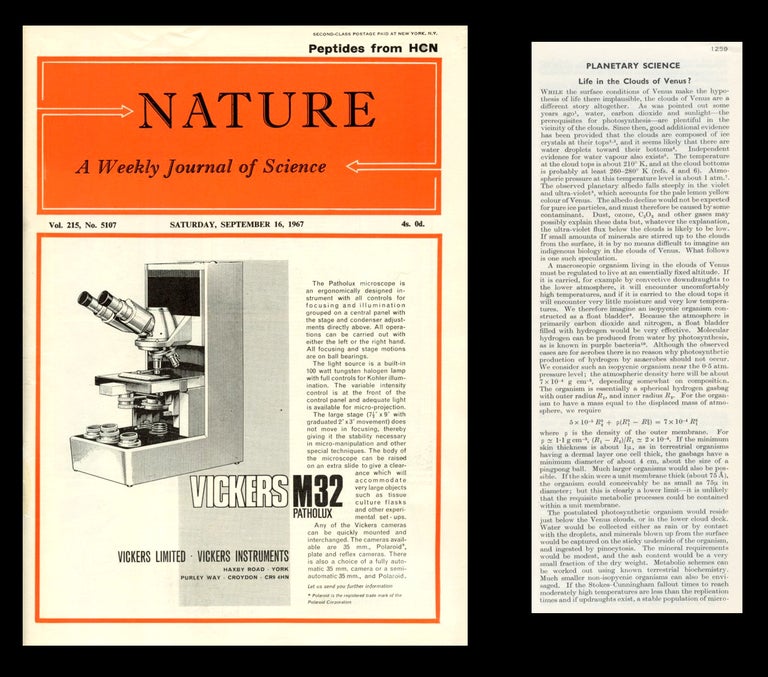Item #1509 Life in the Clouds of Venus? In Nature 215, Issue 5107, pp. 1259-1260, September 16, 1967 [SAGAN & MOROWITZ HYPOTHESIZE LIFE ON VENUS]. Carl Sagan, Harold Morowitz.