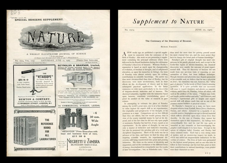 Item #1533 The Centenary of the Discovery of Benzene in Nature No. 2904, Vol. 115, June 27, 1925 [100 YEAR SPECIAL SUPPLEMENT, FARADAY'S DISCOVERY OF BENZENE]. Michael Faraday.