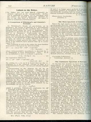 Item #1541 A Comparison of Whitehead's and Einstein's formulas” (Eddington p. 192) WITH “The...