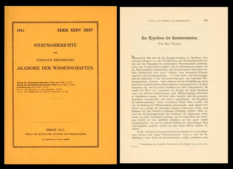 Item #1580 Zur Hypothese der Quantenemission in Sitzungsberichte der Koniglich Preussischen akademie der Wissenschaften zu Berlin 33-35 (July), pp. 723-731, 1911 [PLANCK’S 2nd QUANTUM THEORY & ABSOLUTE ZERO]. Max Planck.
