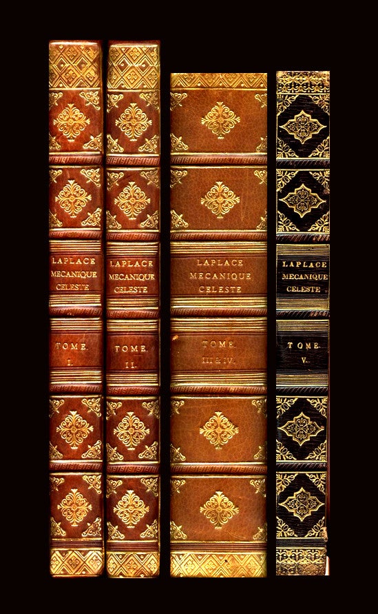 Item #1587 Traite de Mecanique Celeste. Paris: Crapelet for J.B.M. Duprat, F.T. de la Garde (Volumes 1-2, 1798); Paris: Crapelet for J.B.M. Duprat, (Vol. 3, 1802; Paris: Courcier, 1805 (Vol. 4, 1805); Paris: Bachelier, (Vol. 5, 1823 – 1827) [FIVE VOLUME BOUND AS FOUR; MONUMENTAL ASTRONOMICAL WORK]. Pierre Simon Laplace, Marquis de.