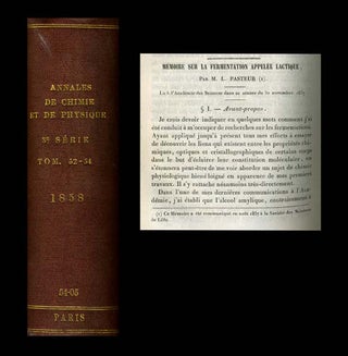 Item #1630 Memoire sur la fermentation appelee lactique (Pasteur) IN Annales de chimie et de...