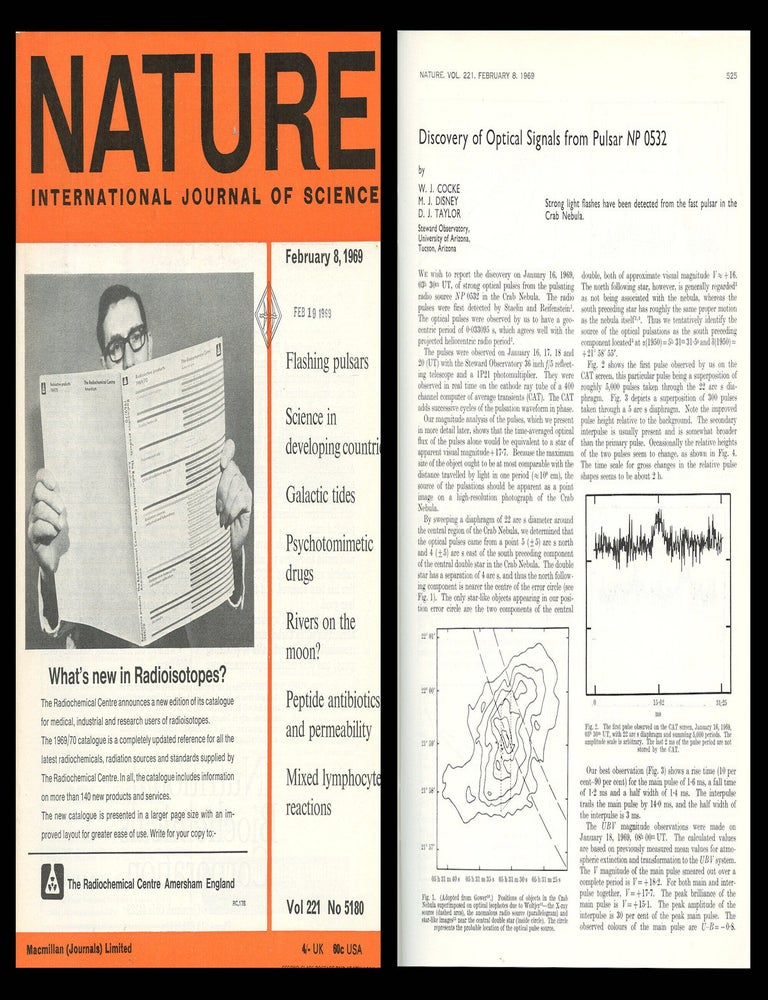 Item #1701 Discovery of Optical Signals from Pulsar NP 0532 in Nature 221, 5180, February 8, 1969, pp. 525&ndash;527. W. J. Cocke, M. J. Disney, D. J. Taylor.