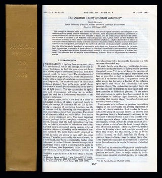 Item #208 The Quantum Theory of Optical Coherence in Physical Review 130, 1963, pp. 2529-2539...