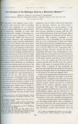 Fine Structure of the Hydrogen Atom by a Microwave Method, in Physical Review, Vol. 72, No. 3, August 1, 1947, pp. 241-243.