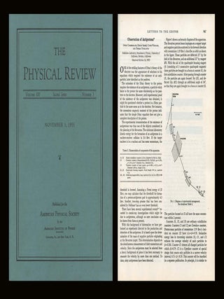 Item #239 Observation of Antiprotons in Physical Review 100 Issue 3 pp. 947-950, November 1,...