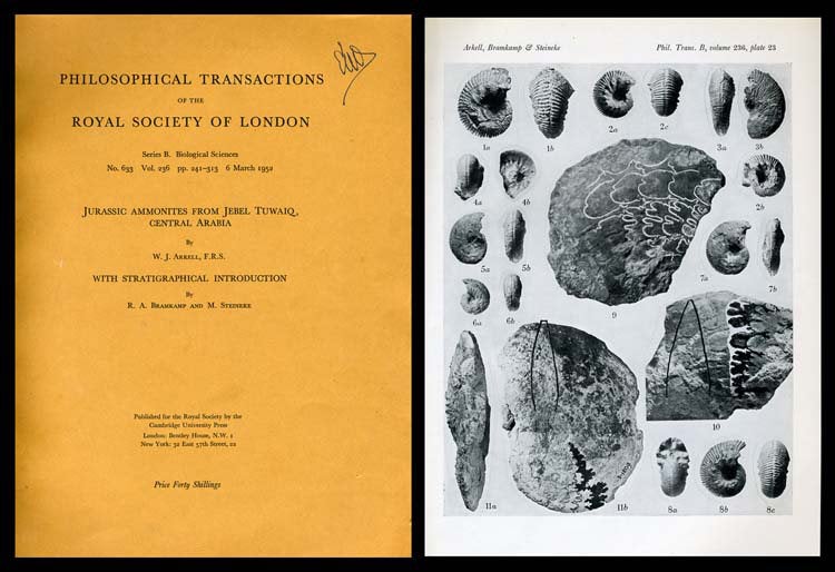 Item #242 Jurassic Ammonites From Jebel Tuwaiq, Central Arabia, with R. A. Bramkamp; M. Steineke With Stratigraphical Introduction in Philosophical Transactions of the Royal Society of London, No. 633, Vol. 236, Series B, 6 March 1952. W. J. Arkell.