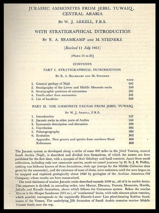 Jurassic Ammonites From Jebel Tuwaiq, Central Arabia, with R. A. Bramkamp; M. Steineke With Stratigraphical Introduction in Philosophical Transactions of the Royal Society of London, No. 633, Vol. 236, Series B, 6 March 1952