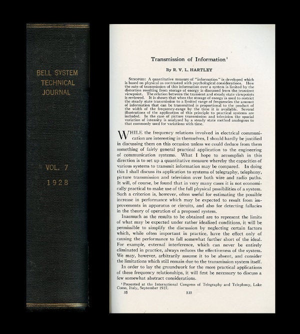 Item #314 Transmission of Information in Bell System Technical Journal 7, 1928, pp. 535-563. Ralph Hartley.