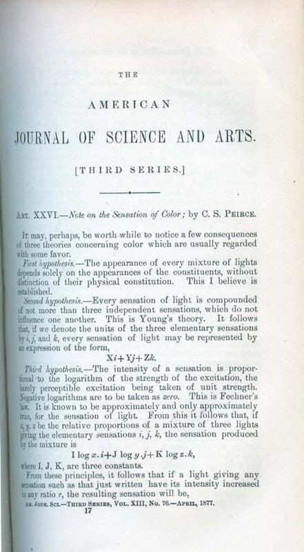 Item #371 Note on the Sensation of Color in The American Journal of Science and Arts, Third Series, Vol. XIII, Nos. 73-78, January to June, 1877, pp. 247-251. C. S. Peirce, Charles Sanders.