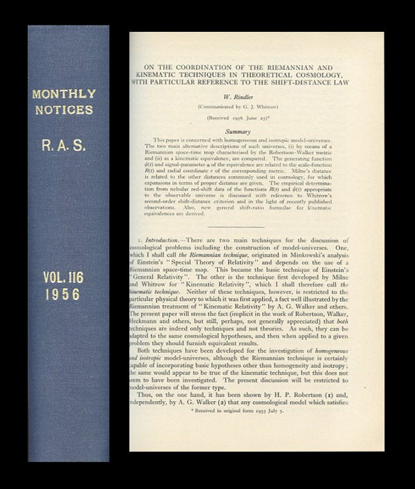 Item #378 On the Coordination of the Riemannian and Kinematic Techniques in Theoretical Cosmology. With Particular Reference to the Shift-Distance Law in Monthly Notices of the Royal Astronomical Society, Volume 116, 1957, pp. 335-350. W. Rindler, Wolfgang.