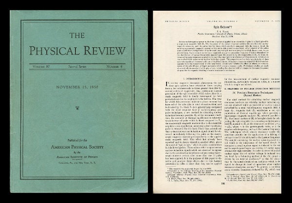 Item #414 Spin Echoes in Physical Review, Volume 80, Number 4, November 15, 1950, pp. 580-594 [NUCLEAR MAGNETIC RESONANCE, NMR]. E. L. Hahn, Erwin.