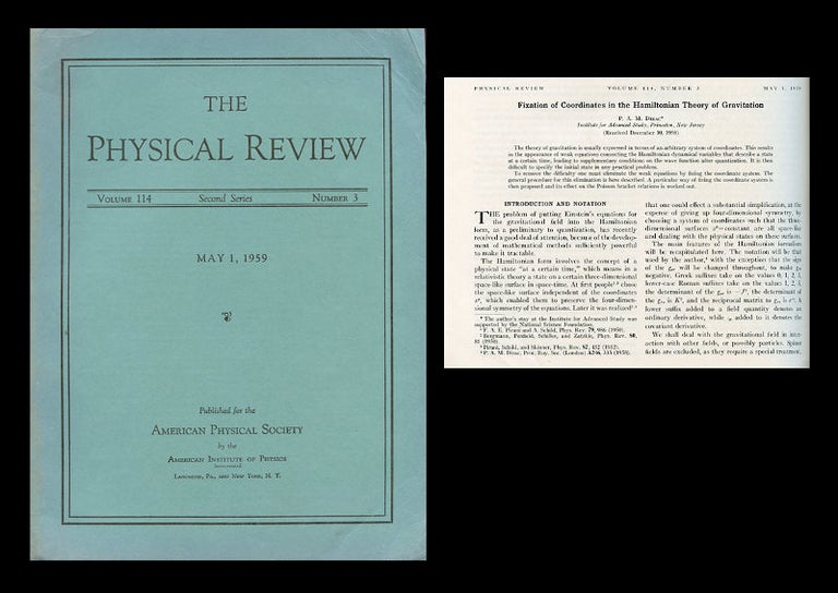 Item #460 Fixation of Coordinates in the Hamiltonian Theory of Gravitation in Physical Review 114, 3, May 1, 1959, pp. 924-930. P. A. M. Dirac.
