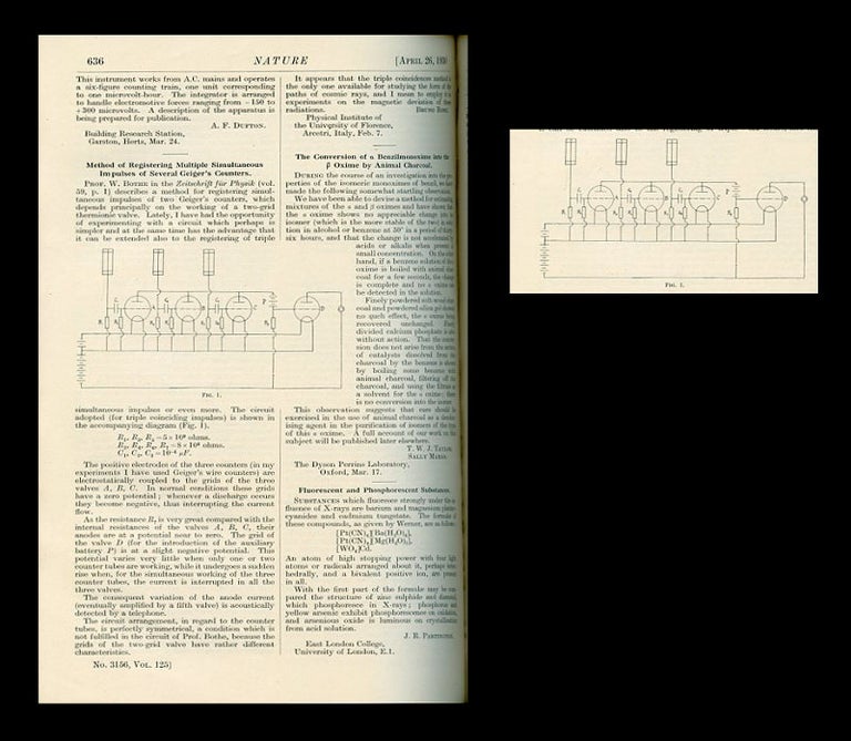 Item #465 Method of Registering Multiple Simultaneous Impulses of Several Geiger's Counters in Nature 125, 1930, p. 636 AND The Concept of Space (Einstein) in Nature 125, 1930, p. 897-898. Bruno Rossi.
