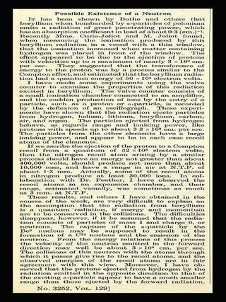 Item #468 “Possible Existence of a Neutron” in Nature Vol. 129, January to June, 1932...