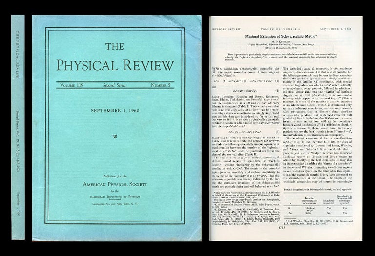 Item #492 Maximal Extension of Schwarzschild Metric in Physical Review 119, No. 5, September 1960, pp.1743–1745. Martin Kruskal.