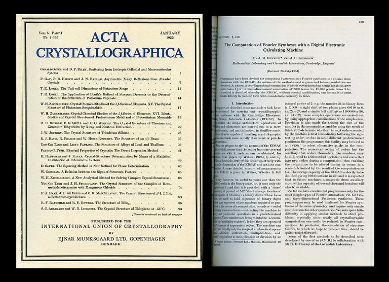 Item #528 The Computation of Fourier Syntheses with a Digital Electronic Calculating Machine in Acta Crystallographica, Volume 5, 1952, pp.109-116. John Bennett, John Kendrew.