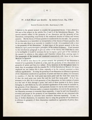 Item #54 A Sixth Memoir upon Quantics, extracted from The Philosophical Transactions of the Royal...
