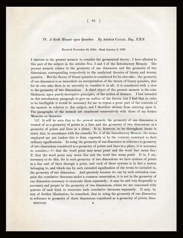 Item #54 A Sixth Memoir upon Quantics, extracted from The Philosophical Transactions of the Royal Society, Vol. 149, Part I, 1859, pp. 61-90. Arthur Cayley.