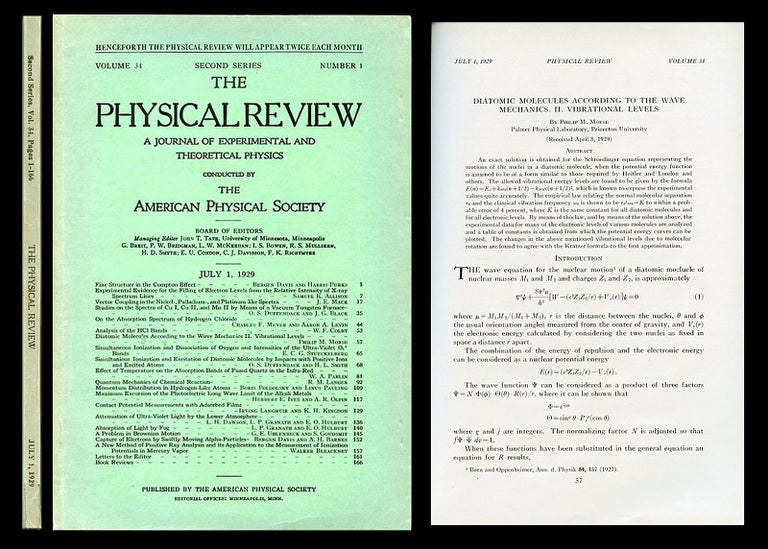 Item #561 Diatomic Molecules According to the Wave Mechanics. II Vibrational Levels, The Physical Review, Volume 34, 1, July 1, 1929, pp. 57-65 [ORIGINAL WRAPPERS]. Philip M. Morse.