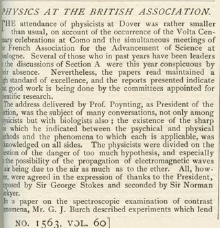 Item #582 Physics at the British Association in Nature 60, May 1899 to October 1899, pp. 585-587...