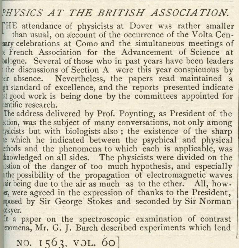 Item #582 Physics at the British Association in Nature 60, May 1899 to October 1899, pp. 585-587 [FIRST PUBLISHED ANNOUNCEMENT THAT THE ELECTRON IS A SUBATOMIC PARTICLE]