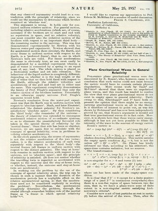 Item #637 PLANE GRAVITATIONAL WAVES IN GENERAL RELATIVITY in Nature 179, May 25, 1957, pp....