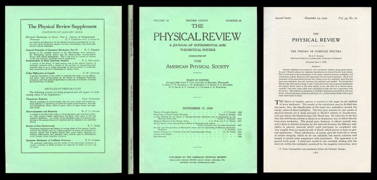 Item #664 The Theory of Complex Spectra, The Physical Review 34, 10, November 15, 1929, pp. 1293-1322 [FIRST EDITION IN ORIGINAL WRAPS OF THE INTRODUCTION OF SLATER DETERMINANTS. FINE CONDITION]. J. C. Slater, John Clarke.