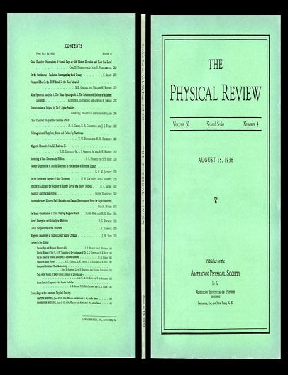 Item #669 Mass Spectrum Analysis 1. The Mass Spectrograph 2. The Existence of Isobars of Adjacent Elements in Physical Review 50, 4, August 15, 1935, pp. 282-296 [1st edition in ORIGINAL WRAPS: INVENTION OF THE DOUBLE FOCUSING SPECTROMETER]. Kenneth T. Bainbridge, Edward B. Jordan.