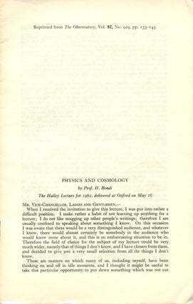 Item #678 Physics and Cosmology (Offprint) The Observatory, Vol. 82, No. 929, 1962, pp. 133-143....