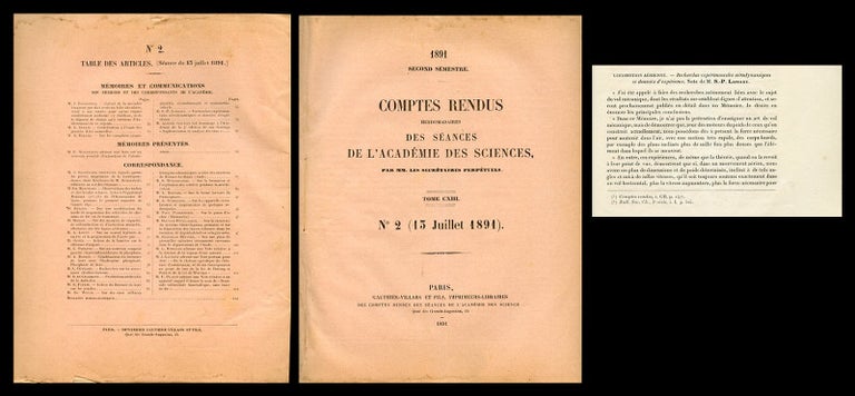 Item #690 Recherches Expérimentales Aérodynamiques et Donnés D’Expérience in Comptes Rendus, Tome CXIII (113), No. 2, 13 Juillet 1891, pp. 59-63. S. P. Langley, Samuel Pierpont.