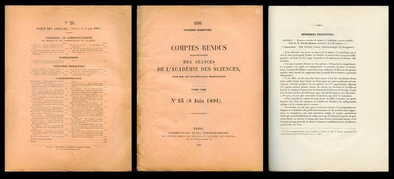 Item #702 Nouveau Système de Balance de Précision a Rapides in Comptes Rendus, Tome CXII, No. 23, 8 Juin 1891, p. 1299. Victor Serrin, Louis Marie.