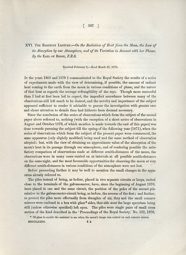 Item #708 On the Radiation of Heat from the Moon, Bakerian Lecture, [Extract from Volume 163] March 27, 1873, pp. 587-627. Earl of Rosse, Sir Laurence Parsons.