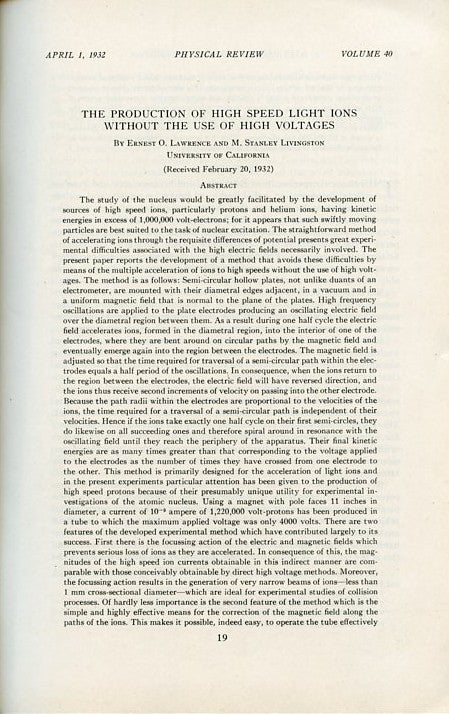 Item #711 Production of High Speed Light Ions Without the Use of High Voltages WITH Hydrogen Isotope of Mass 2 and Its Concentration in Physical Review Volume 40 No. 1, April 1 1932, pp. 19-36 (Livingston); pp. 1-16 (Urey). Stanley Livingston, E. O. Lawrence, Brickwedde WITH Urey Harold C., F. G., G. M. Murphy.