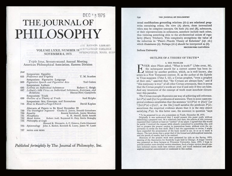 Item #736 Outline of a Theory of Truth in The Journal of Philosophy, Col. LXXII, No. 19, Nov. 6, 1975, pp. 690-716. Saul Kripke.